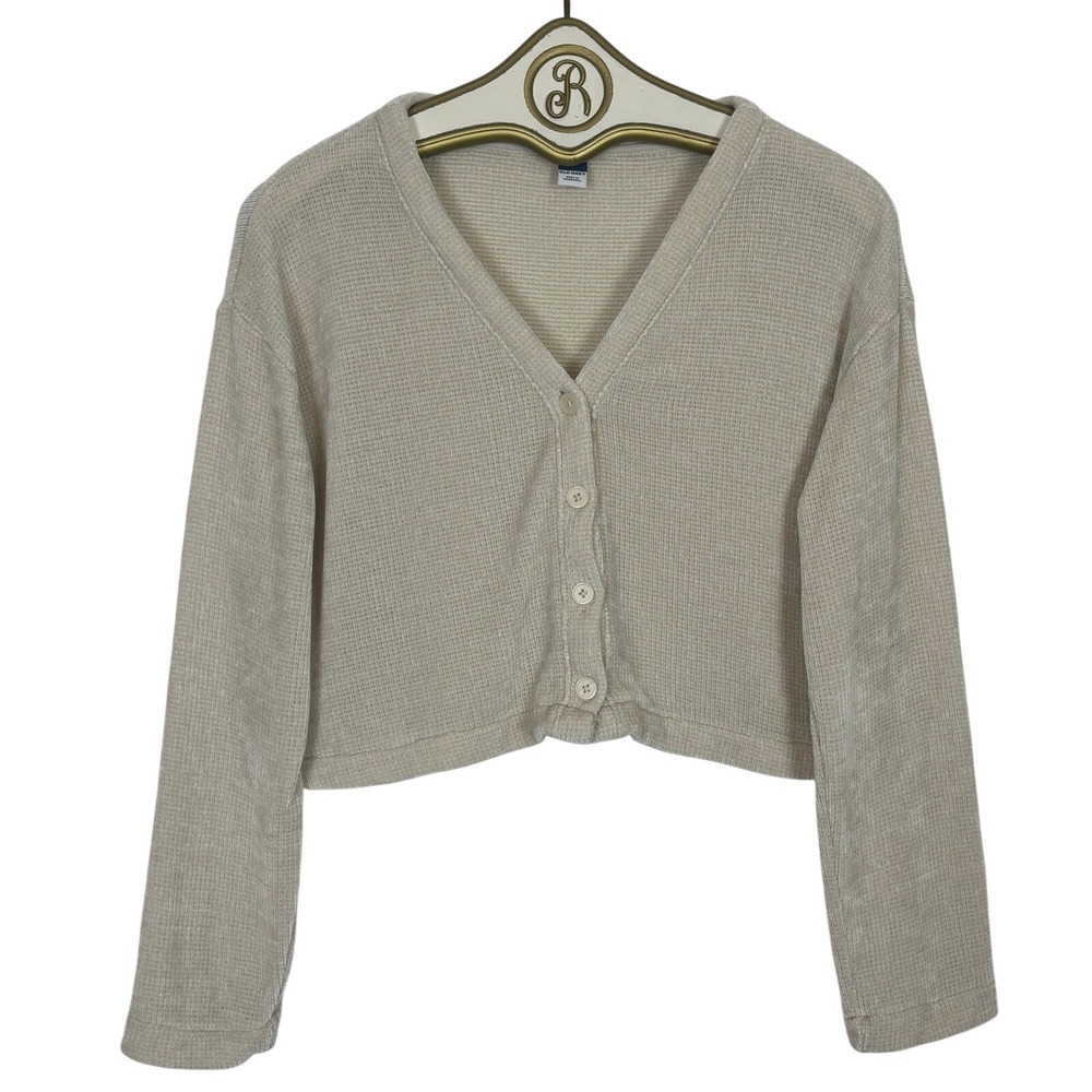 Old Navy Cardigan Women XS Cream Chenille Waffle Knit Cropped Button Front